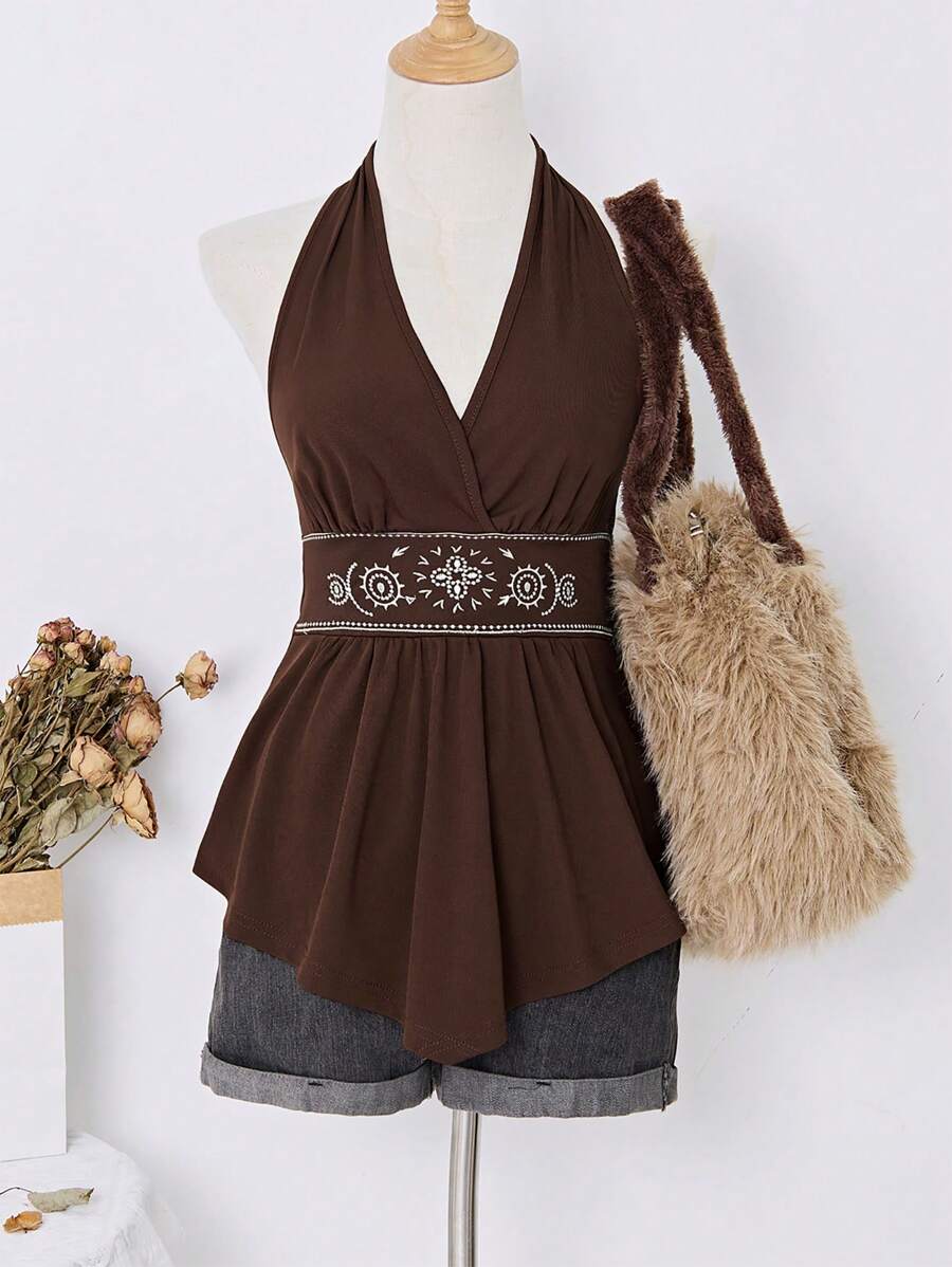 Elamini Women's Hippie Hippie Sun Totem Embroidered Vintage Bohemian Halter Neck Tank Top, Spring/Summer - Coffee Brown - View 1