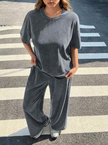 SHEIN EZwear Plus Size 2pcs Set: Distressed Acetate Gray Melange Loose T-Shirt + Wide Leg Pants, Cotton Suit, Comfortable Spring/Summer Outfit Casual Sets For Women