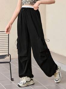 SHEIN Tween Girl Fashion Street Solid Woven Cargo Pocket Drawstring Decor Loose Wide Leg Black Pants, Suitable For Casual Outing, Back To School, Y2K, Mommy And Me Matching - Black - View 5