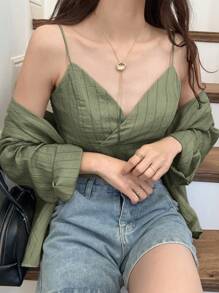 FRIFUL Conjunto de 2 piezas para mujer con camiseta de tirantes a rayas y camisa de manga larga, camisas de verano, ropa de mujer de verano, conjuntos de verano para mujer, ropa de calle para mujer, conjuntos de lino para el descanso de la mujer - Verde - Ver 2