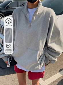 DAZY Half Zip Drop Shoulder Oversized Sweatshirt,Fall Women Clothes - Light Grey - View 9