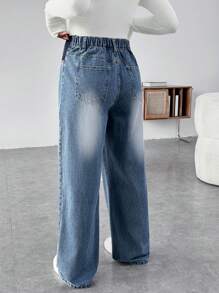 SHEIN Maternity Casual Loose Wide-Leg Blue Jeans Women Baggy Jeans Casual Loose Wide Leg Pants Blue Women's Jeans Thanksgiving Women Wide Waist Mom Jeans - Blue - View 2
