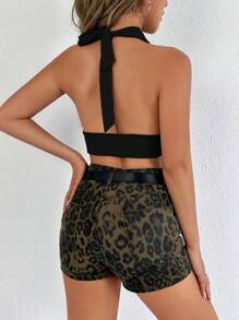 SHEIN SXY 女士纯色露背无袖性感背心，夏季图案猎豹印花 T 恤女式上衣 - 黑色 - 查看 2