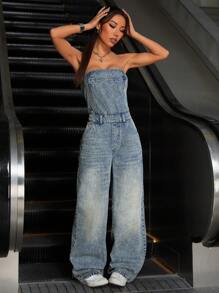 SHEIN ICON Retro Washed Denim Jumpsuit With Tube Top Design For Women - Medium Wash - View 3