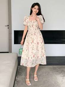 DAZY Robe d'été imprimée de fleurs avec encolure carrée et taille froncée, robe de fermière sundress pour femmes