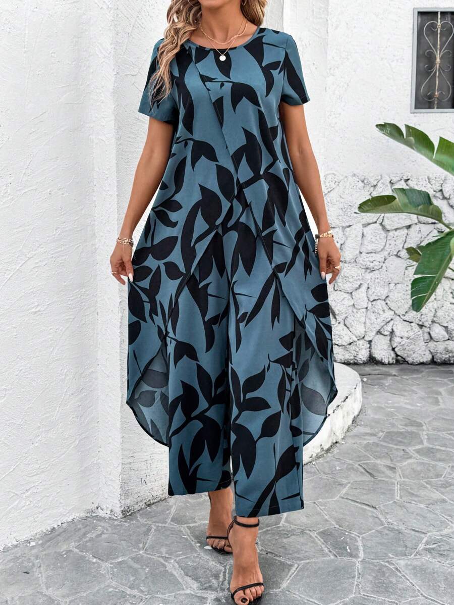 SHEIN Clasi 2 件女士度假休闲花卉印花开叉下摆上衣和裤子套装夏季女装两件套女士度假装女士套装 - 彩色 - 查看 1
