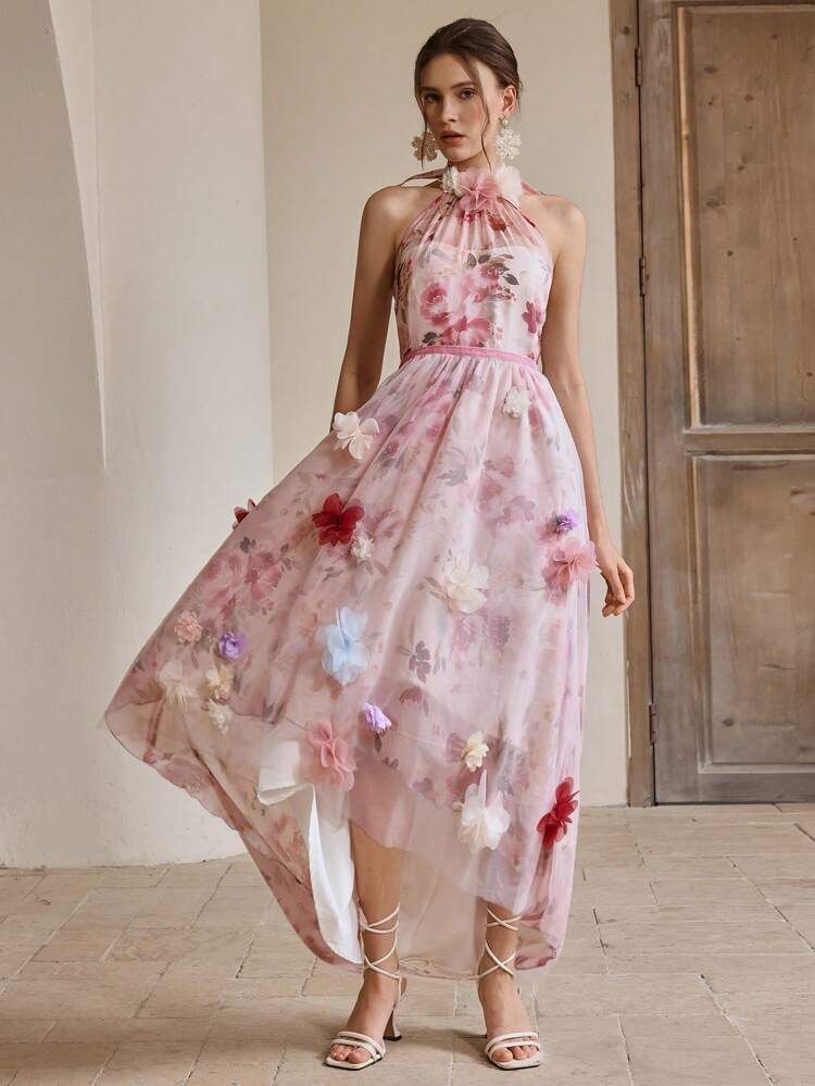 Women Designed Waisted Fitted Slim Floral Print Mesh Printed Dress, Backless, Halter, Summer, Holiday, Festival Outfit, Pink