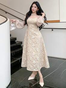 DAZY Đầm dự tiệc dài ngang gối thanh lịch dành cho nữ, đầm dạ hội họa tiết hoa mùa xuân/hè, đầm cưới, đầm lễ Phục sinh. - Màu be - Xem 3