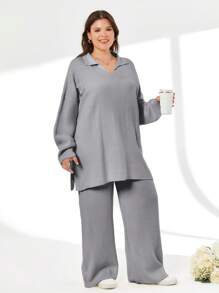 EURMUSE 2pcs/Set Solid Color Turn-Down Collar Sweater And Long Pants Outfit - Light Grey - View 4