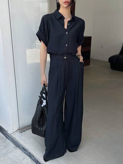 DAZY 女士两件套单排扣短袖衬衫和系带阔腿裤家居服套装