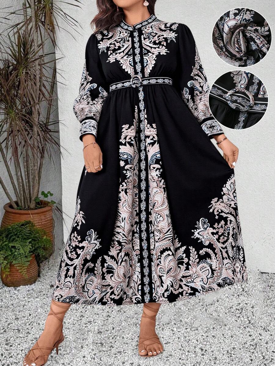 SHEIN Clasi Đầm dài chữ A hở trước tay đèn lồng thanh lịch lãng mạn cỡ lớn cho nữ - Nhiều màu - Xem 1