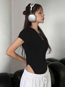 DAZY Women's Summer Solid Color Slim Fit Round Neck Short Sleeve Bodysuit For Wearing As Underwear Or Alone