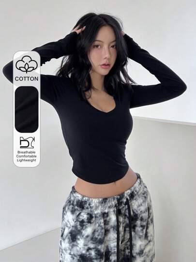 DAZY Solid Crop Tee,Back To School Clothes Long Sleeve Women Tops