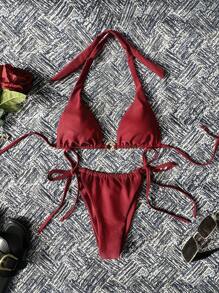 SHEIN Swim Nuevo conjunto de 2 piezas de top con tirantes y shorts con cordón en color vino tinto, atuendo de playa de verano para mujeres - Burdeos - Ver 1