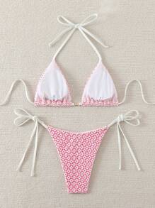 Swim Mod Women's Floral Print Halter Tie Side Bikini Swimwear Set For Summer Beach Vacation - Pink - View 2