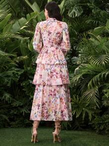 Modelyn Women's Long Sleeve Digital Printed Three-Tier Dress - Pink - View 5