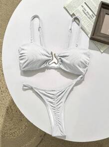 Swim Vcay بيكيني سباغيتي ذو حمالات معدنية مزخرف محبوك بتقنية جاكارد - أبيض - مشاهدة 4