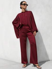 Aveloria Modichic طقم سكارف أنجورا مربع مع تصميم الأكمام والحواف المنفصل، فضفاض للنساء مع قطعتين عصري للحفلات الفاخرة - عنابي اللون - مشاهدة 5