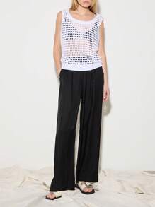 AiiRZ Pantalones palazzo de pierna ancha de lino con cintura elástica, para playa, resort, vacaciones, verano, transpirables, fluidos, con bolsillos, casuales