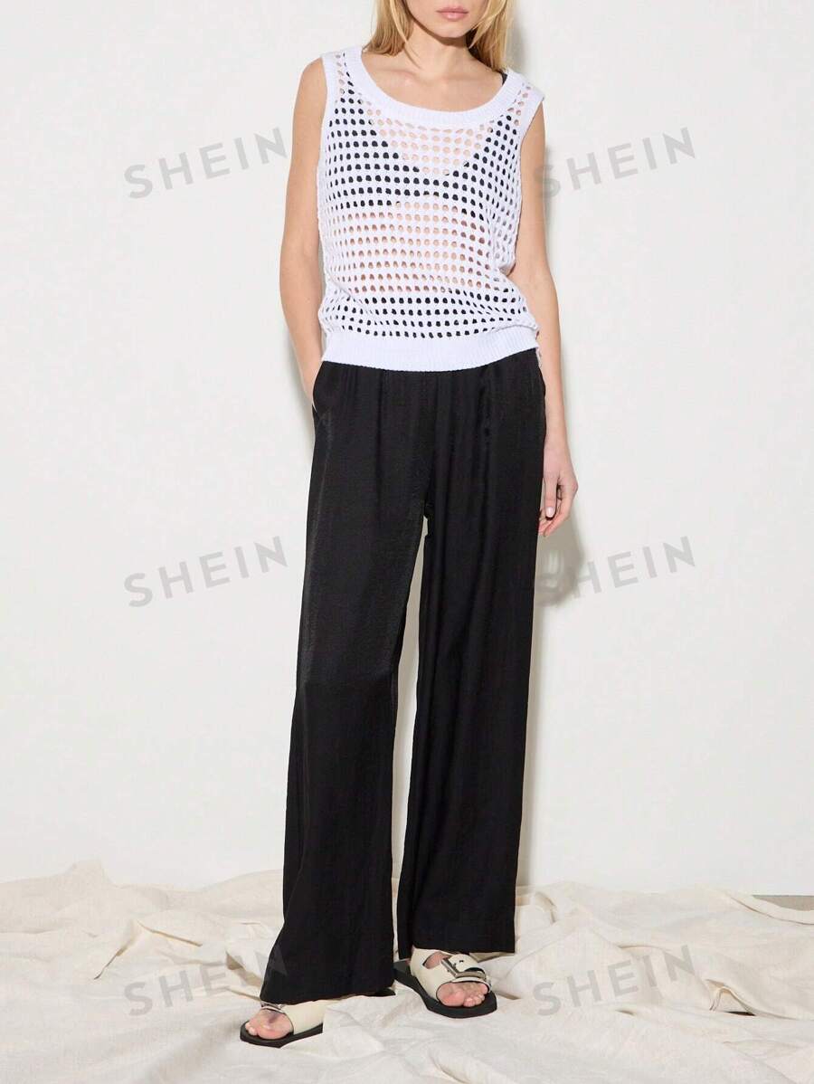 AiiRZ Pantalones palazzo de pierna ancha de lino con cintura elástica, para playa, resort, vacaciones, verano, transpirables, fluidos, con bolsillos, casuales