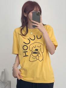 DAZY 女士夏季短袖字母圆领卡通印花T恤，线条图案可爱上衣、图案T恤、教师装 - 黃色 - 查看 3