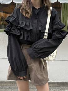 FRIFUL 女式荷叶边宽松圆领衬衫长袖上衣