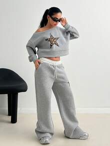 CasuGlow Women's Oblique Shoulder Sweatshirt And Contrast Waistband Drawstring Long Pants, Leopard Print And Star Patch Design, Casual Street Style 2 Piece Set Tracksuit - Grey - View 4