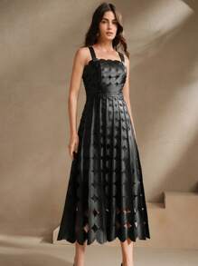 Anewsta 女士棕色卡其色 PU 激光烧花新款派对新年法式优雅春季连衣裙 - 黑色 - 查看 7