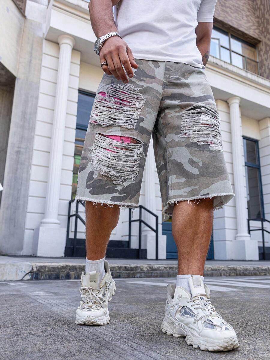 Manfinity LEGND Quần short denim rách họa tiết rằn ri cho nam - Nhiều màu - Xem 1