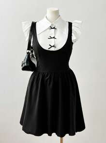 Flirla Plus Size Sweet Preppy Bowknot Decor Cap Sleeve Shirt & Dress 2-In-1 Set For Women - Black and White - View 7