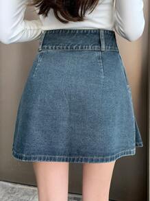 DAZY 1pc Women Solid Color Pleated Corduroy Mini Skirt - Dark Wash - View 2