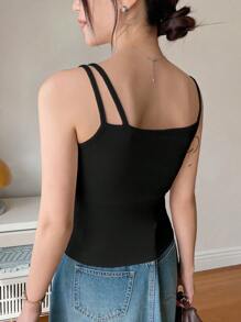 FRIFUL 女士夏季纯色不对称吊带背心 - 黑色 - 查看 3