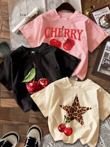 SHEIN Leap Crew Tween Girls' Casual Cute Cherry, Leopard & Star Print Cartoon Graphic T-Shirts, Suitable For Summer - Multicolor - View 1