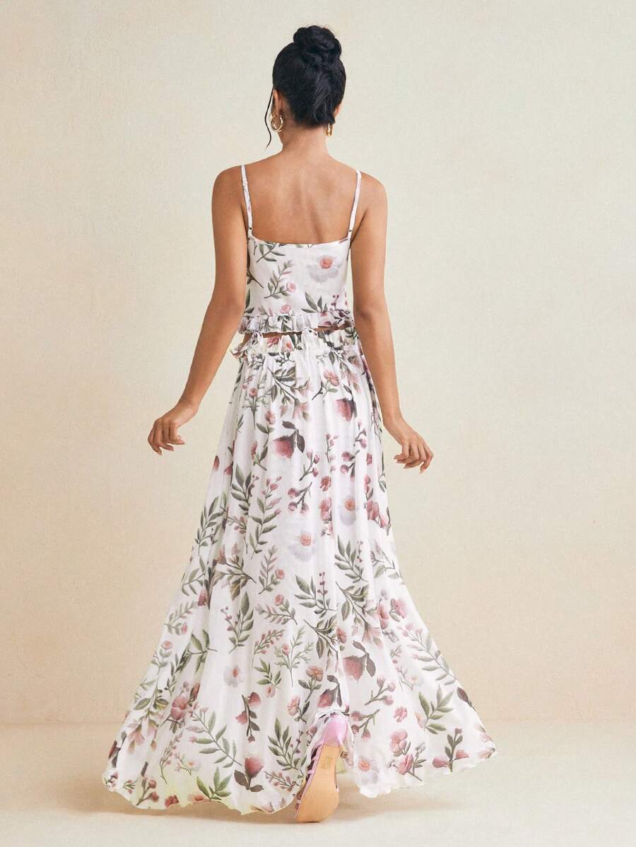 PEARL 设计师花卉印花荷叶边蝴蝶结优雅长裙、音乐会服装、婚礼舞会礼服、早午餐服装、茶会礼服、狂欢派对 - 彩色 - 查看 1