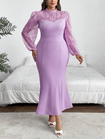 SHEIN Privé 大码女式优雅蕾丝拼布灯笼袖鱼尾下摆连衣裙