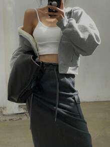 DAZY 女士保暖修身连帽卫衣，秋冬季保暖拉链外套 - 灰色 - 查看 5