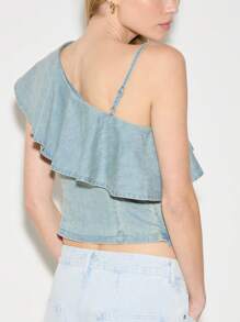 AiiRZ Boho One Shoulder Ruffle Denim Top - Blue - View 4