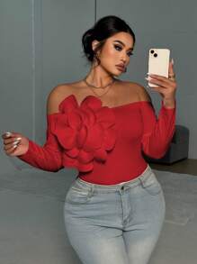 Elenzga Plus Size Elegant Off Shoulder Tight Fitting Floral Decor T-Shirt - Red - View 3