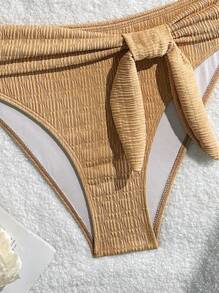Swim Vcay Springbreak Solid Color Halter Bow Bra & Triangle Panty Bikini Set For Summer Beach Vacation - Brown - View 8