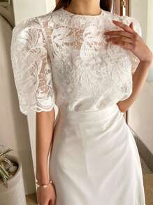 DAZY 女士优雅蕾丝短款泡泡袖 T 恤，夏季外出上衣 - 白色 - 查看 7