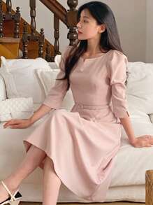 DAZY 女士圆领收腰半袖中长连衣裙，返校季服装 - 粉色 - 查看 10