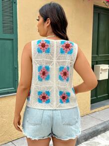 SHEIN VCAY Plus Size Contrast Color Hollow Knitted Top, Casual & Vacation - Multicolor - View 2