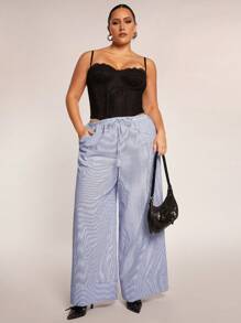 SHEIN BAE Pantalones casuales a rayas azules y blancas de talla grande con lazo, adecuados para uso diario, ir a trabajar, salir, citas, té de la tarde, vacaciones, primavera/verano - Azul y blanco - Ver 5