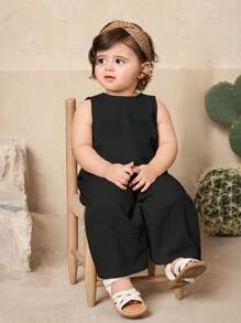 SHEIN Baby Girl Cute Wave Pattern Sleeveless Top And Long Pants 2 Pieces Set, Summer - Black - View 4