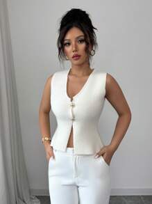 Elenzga Fashionable & Versatile European/French Design Button Front Solid Color Knit Top - Beige - View 5