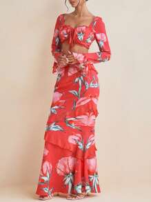 Becci Designer Floral Printed Flared Sleeve Top & Rffled Hem And Maxi Skirt Set Elegant Spring Vacation, Spring Break, Ibiza Fits