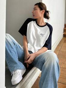 DAZY Women's Summer Round Neck Contrast Color Raglan Sleeve Letter Print Casual Street Style Short Sleeve T-Shirt - Blue and White - View 4