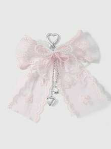 ROMWE Kawaii 1pc Korean Style Sweet & Delicate Versatile Simple High-Quality Handmade Beaded White Faux Pearl Crystal Net Yarn Embroidery Ribbon Bow Chain CCB Star Heart Pendant Keychain Bag Charm, Suitable For Women, Daily Wear, Festival Gift - Dusty Pink - View 1