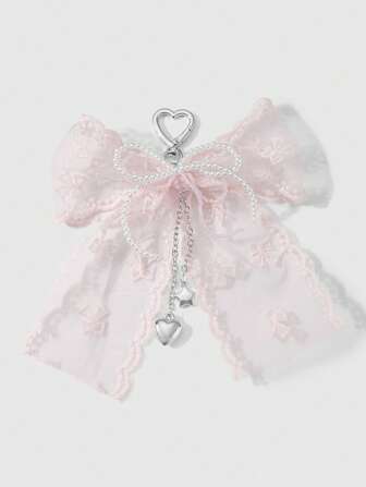 Kawaii 1pc Korean Style Sweet & Delicate Versatile Simple High-Quality Handmade Beaded White Faux Pearl Crystal Net Yarn Embroidery Ribbon Bow Chain CCB Star Heart Pendant Keychain Bag Charm, Suitable For Women, Daily Wear, Festival Gift