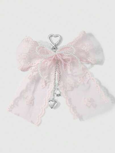 ROMWE Kawaii 1 件韩式甜美精致百搭简约优质手工串珠白色仿珍珠水晶网纱刺绣丝带蝴蝶结链 CCB 星心形吊坠钥匙扣包饰，适合女性、日常佩戴、节日礼物